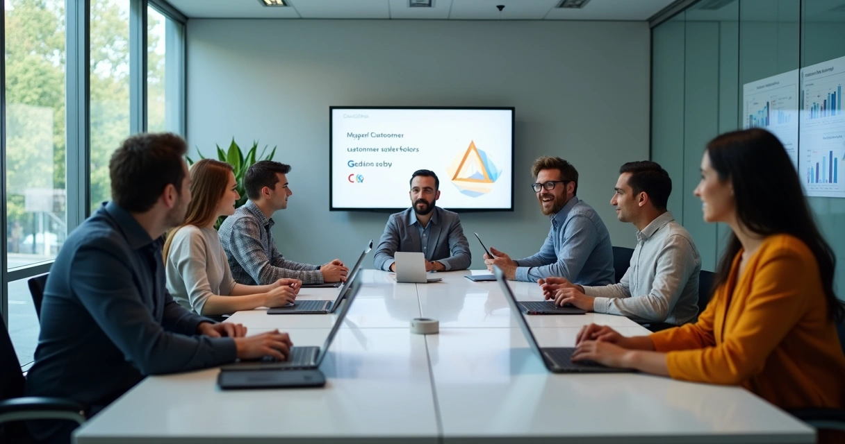 Equipe de diferentes áreas reunida em escritório moderno
