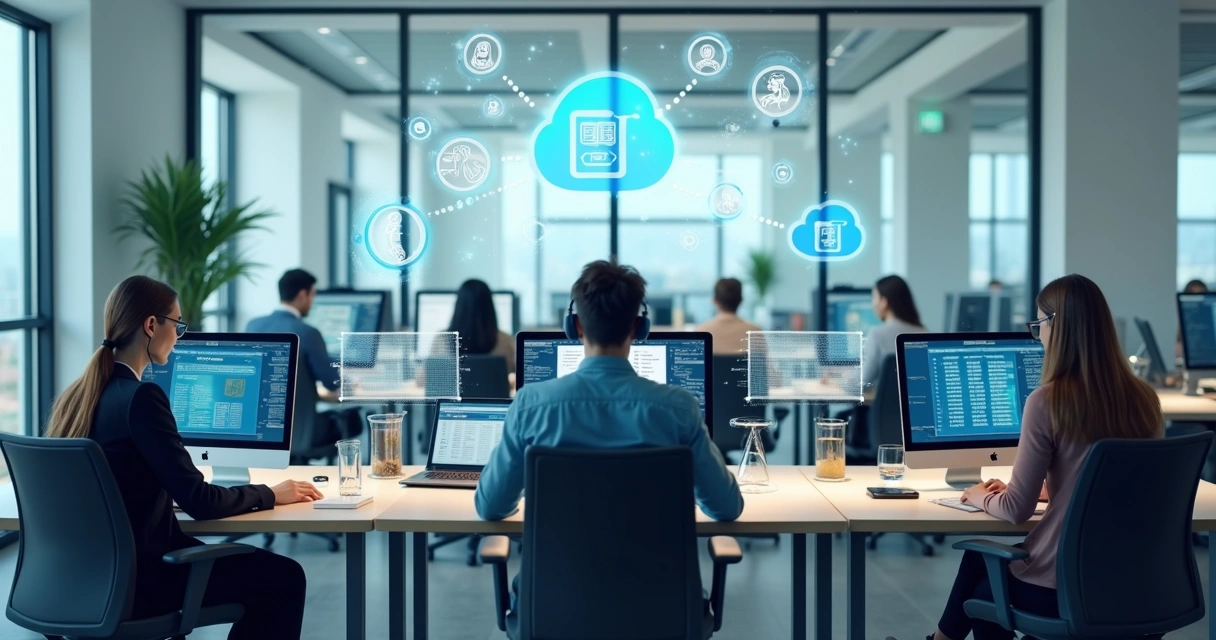 Equipe de escritório trabalhando com telefonia VoIP em computadores modernos 