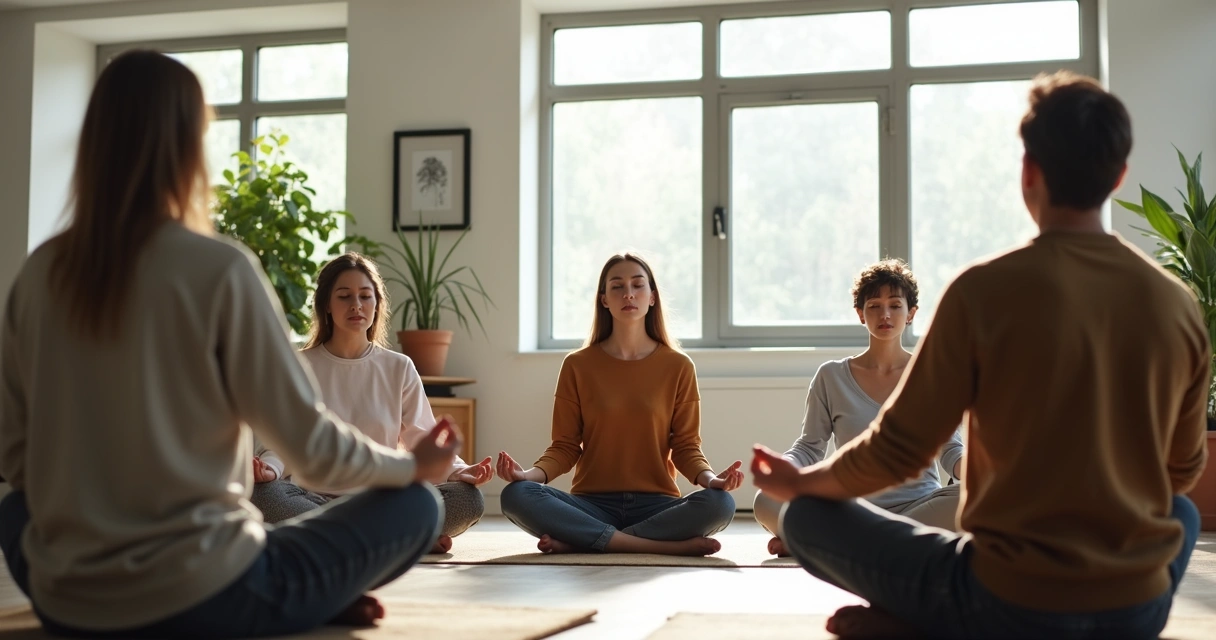 Equipe participando de meditação guiada no local de trabalho. Pessoas sentadas em círculo de olhos fechados.