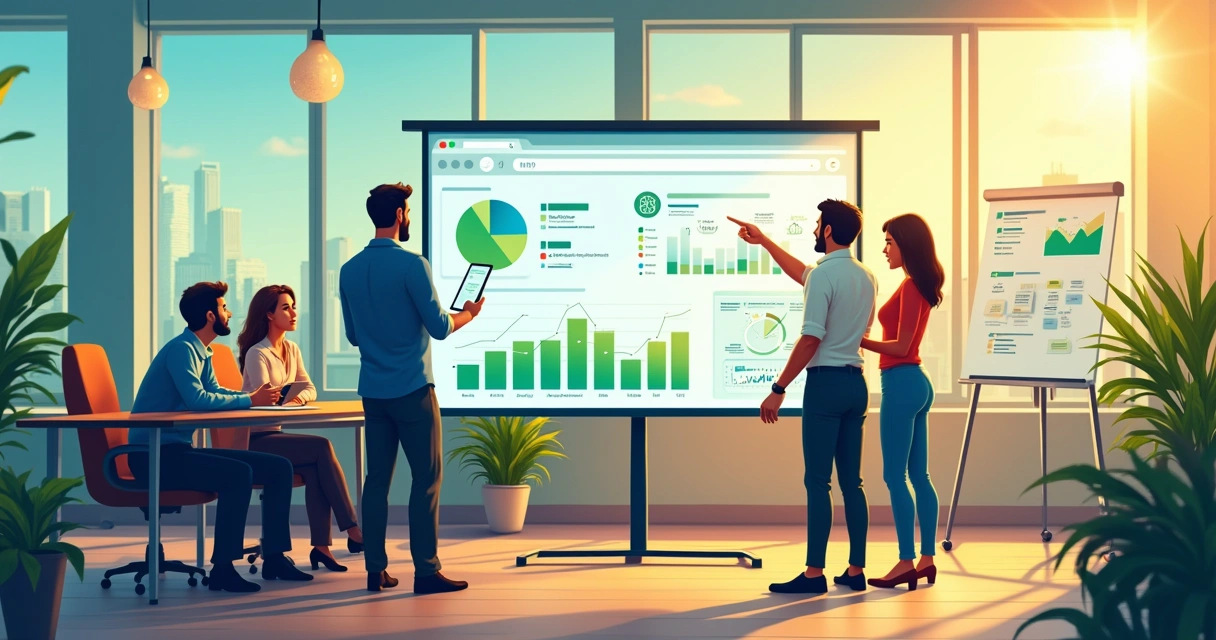Ambiente de escritório com equipe de vendas interagindo sobre dados de CRM em uma tela digital.