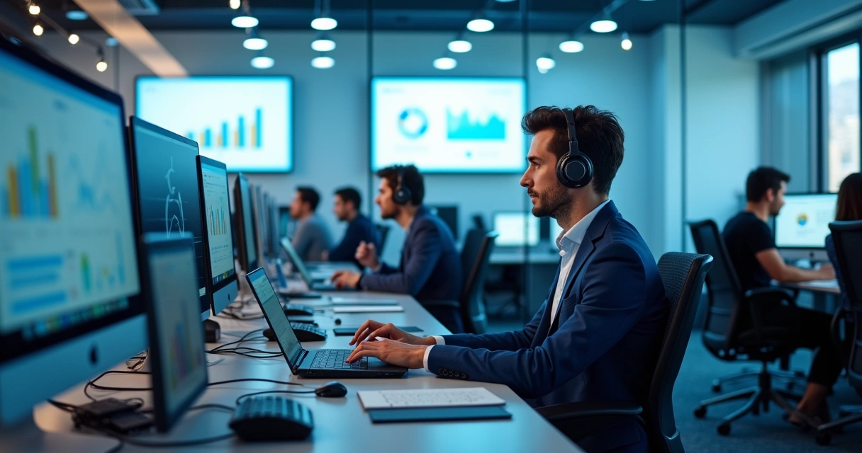 Equipe de vendas remota trabalhando em computadores no escritório moderno 