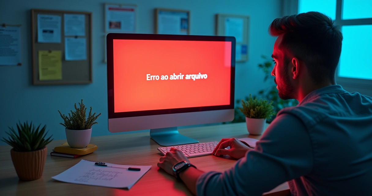 Escritório moderno com computador exibindo mensagem de erro, homem frustrado, e capturas de tela de erros.