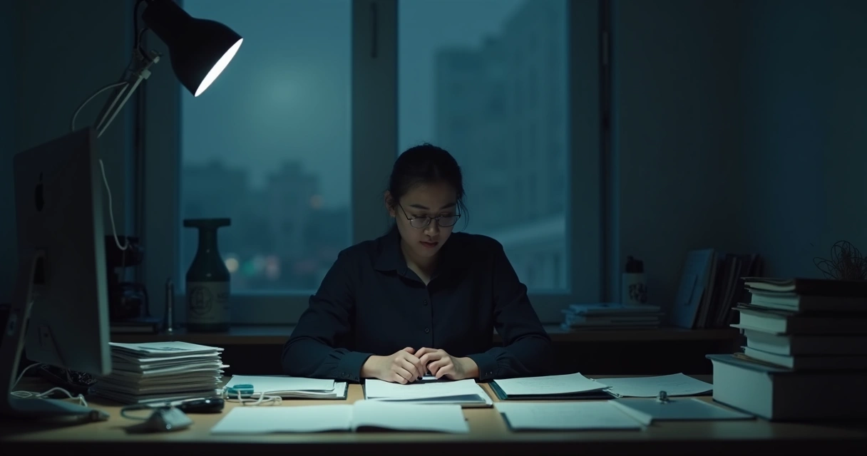 Pessoa sozinha em escritório escuro 