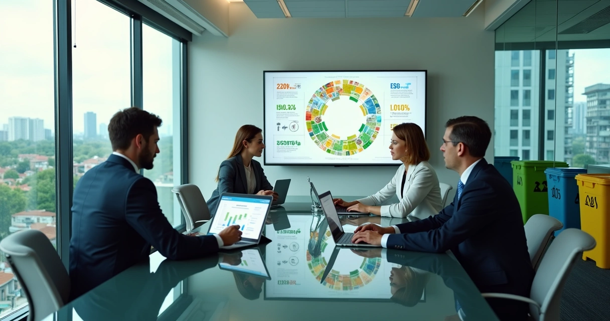 Executivos analisando gráficos de custos ao lado de estação de reciclagem em escritório moderno 