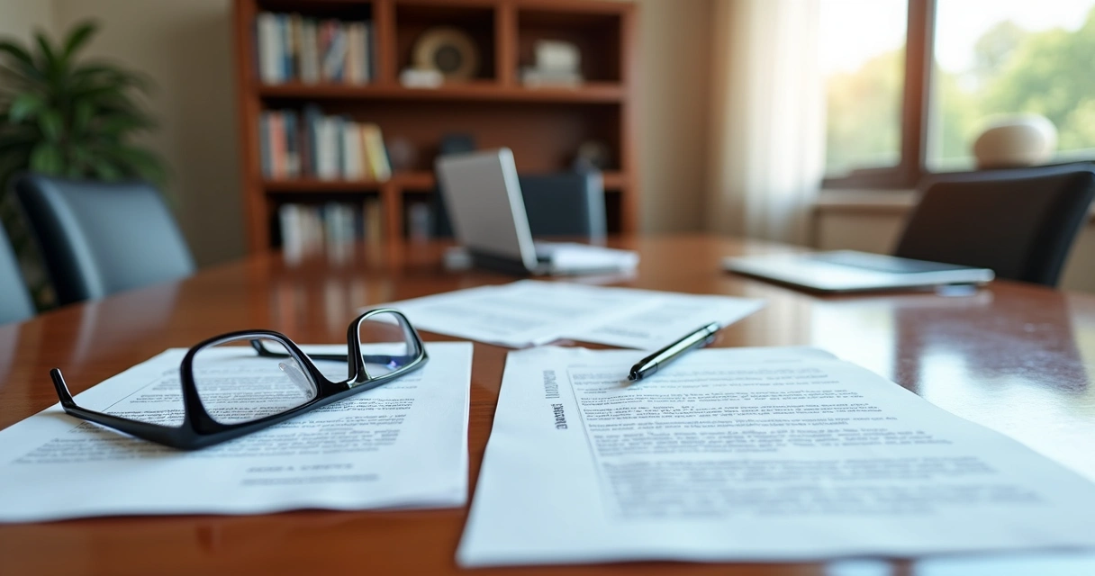 Mesa de reunião com documentos jurídicos sobre sociedades em incorporação e contratos empresariais 