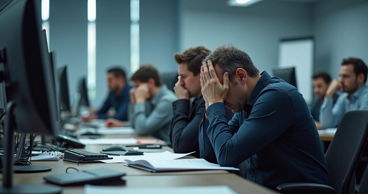 Pessoas cansadas em escritório olhando para telas 