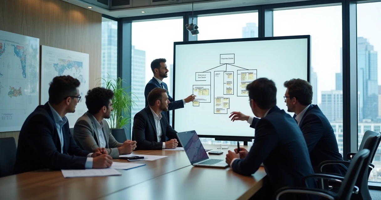 Sala de reunião ampla, quadro branco, gráficos e pessoas analisando documentos