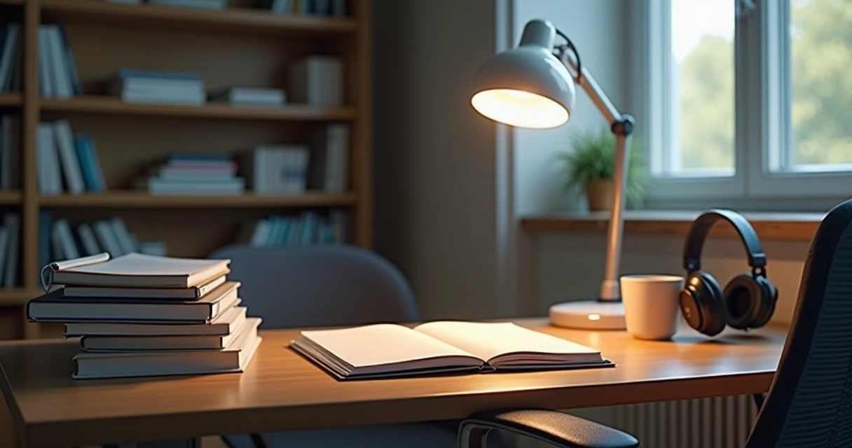 Mesa de estudo com notebook, livros e luminária LED 