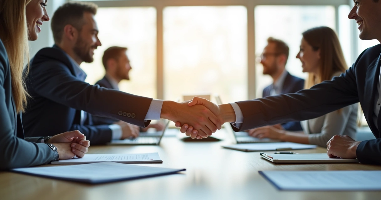 Duas pessoas apertando a mão em escritório profissional, simbolizando acordo ético 