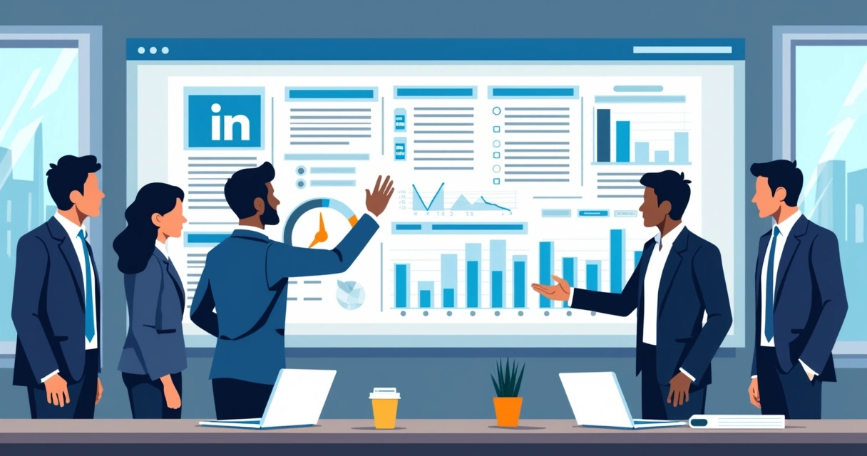 Equipe de executivos em escritório analisando conteúdo no LinkedIn 