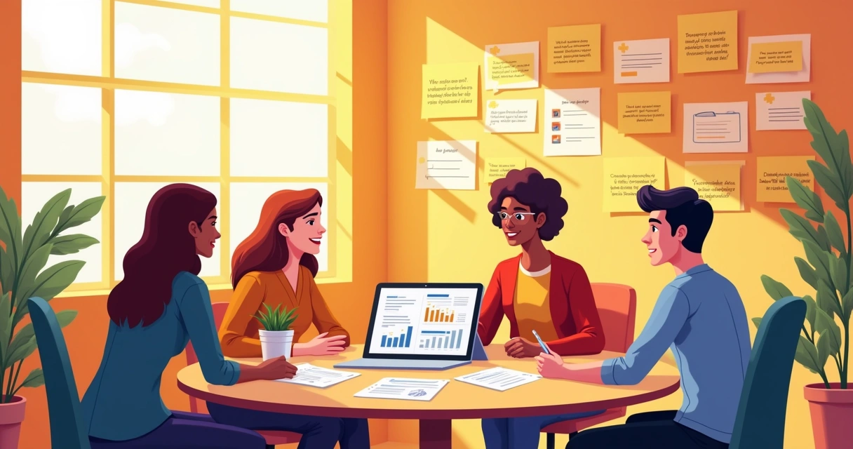 Ilustração de um escritório moderno com pessoas discutindo feedback de clientes em um ambiente colaborativo.
