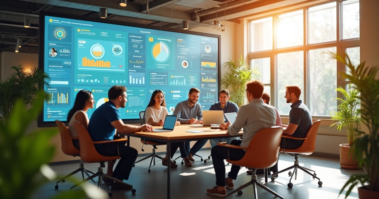 Ambiente empresarial transformado e feliz com IA 