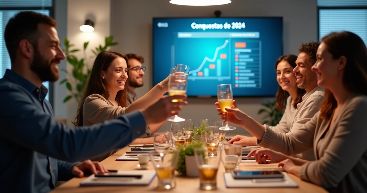 Equipe em escritório celebrando fim de ano 