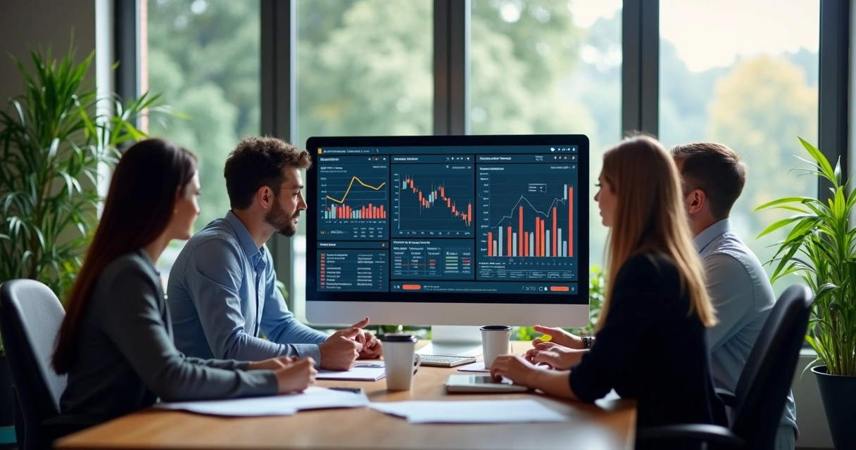 Sala de escritório com pequenos empresários reunidos em frente ao computador analisando dashboard financeiro