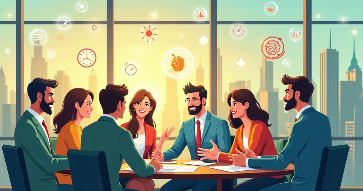 Ambiente de escritório financeiro com profissionais discutindo habilidades sociais, representando inteligência emocional e trabalho em equipe.