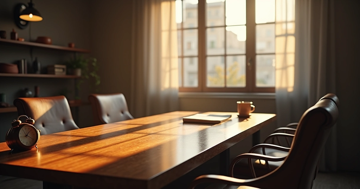 Ambiente de escritório organizado com mesa vazia, bloco de notas, xícara e computador desligado 