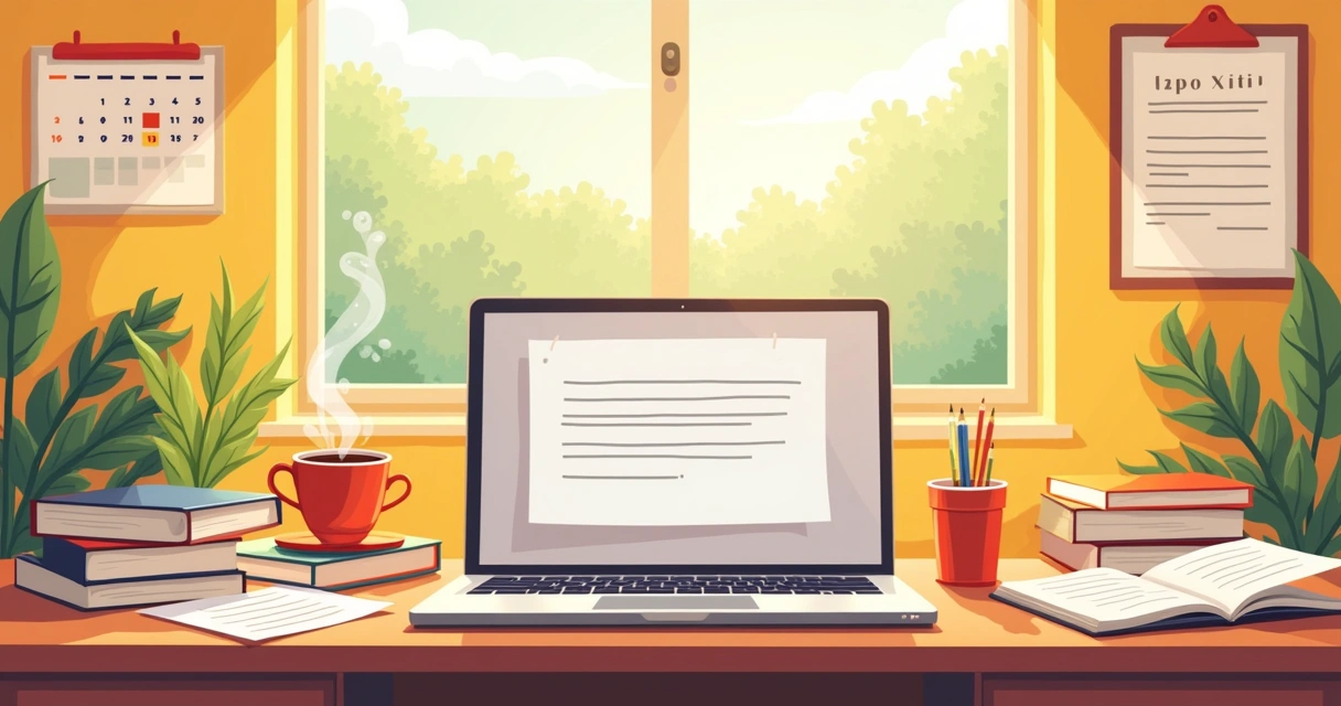 Espaço de trabalho freelancer com laptop, café, livros e itens de inspiração em ambiente iluminado.