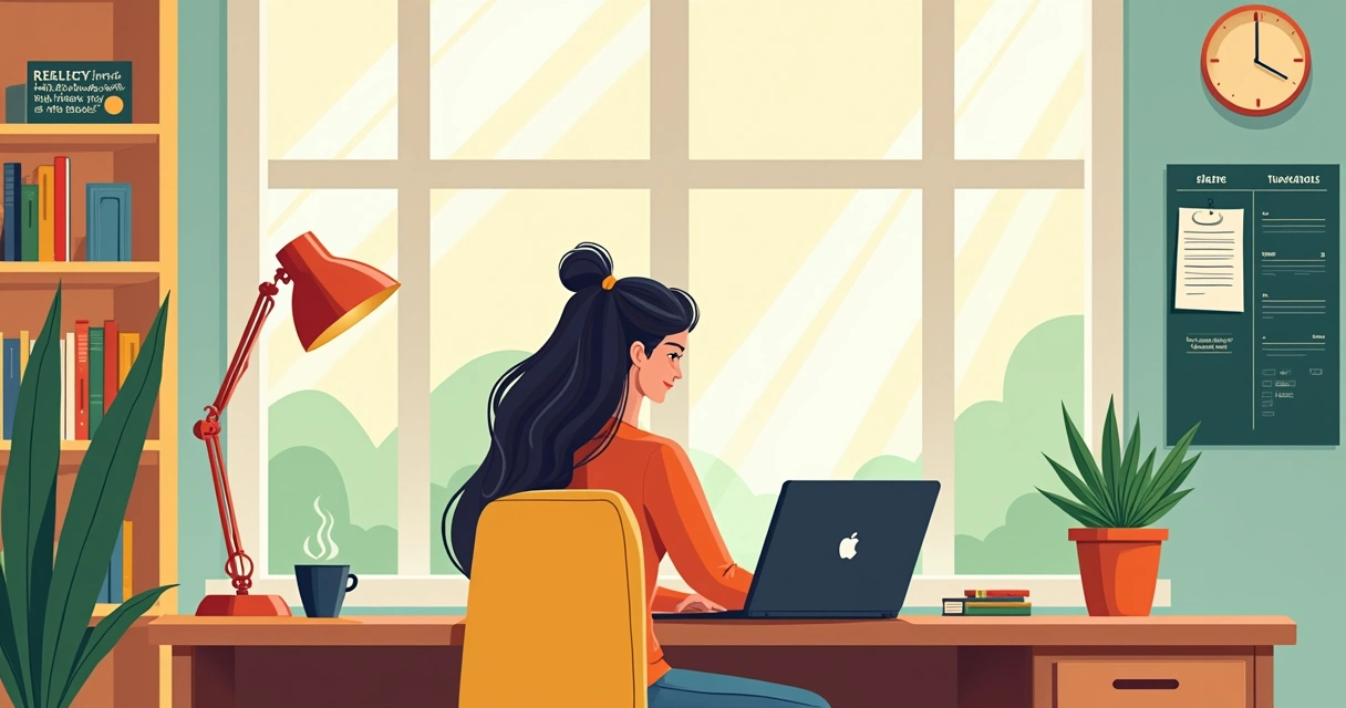 Ilustração de um escritório em casa vibrante, com um freelancer trabalhando em um laptop e decorado organizadamente.