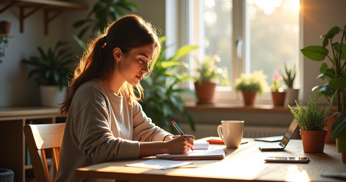 Mulher trabalhando em escritório doméstico com notebook e anotações 