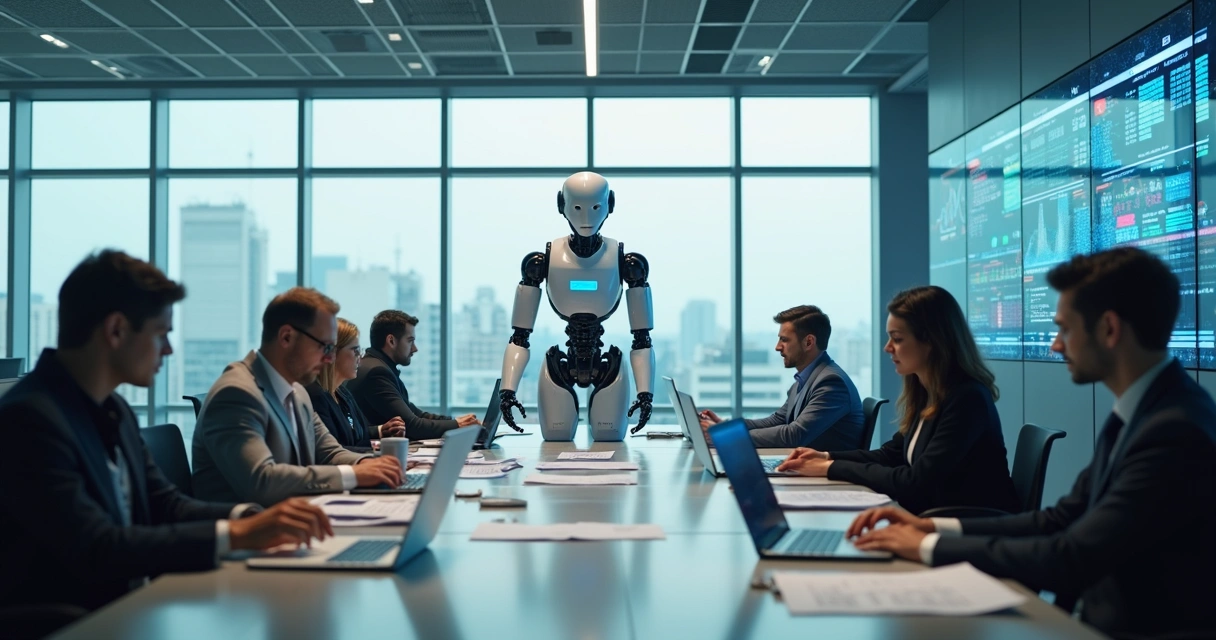 Sala de escritório moderna com robôs ajudando em tarefas administrativas 