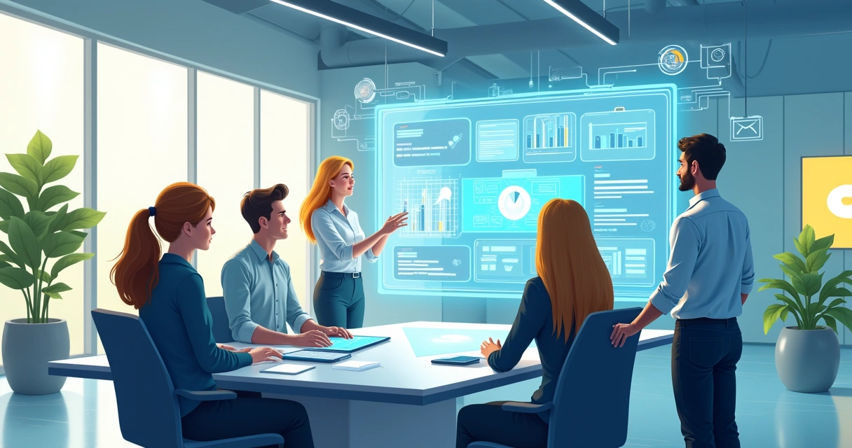 Ambiente de escritório moderno com equipe de marketing usando assistente virtual de IA para dados de clientes.