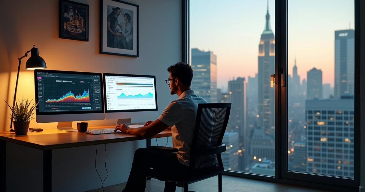 Funcionário trabalhando em casa com computador e várias telas ao fundo