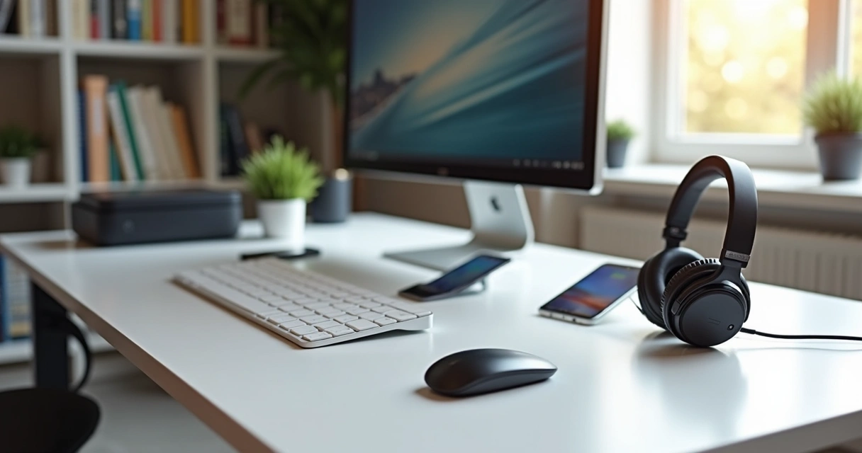 Ambiente de trabalho com gadgets Bluetooth e mesa organizada 