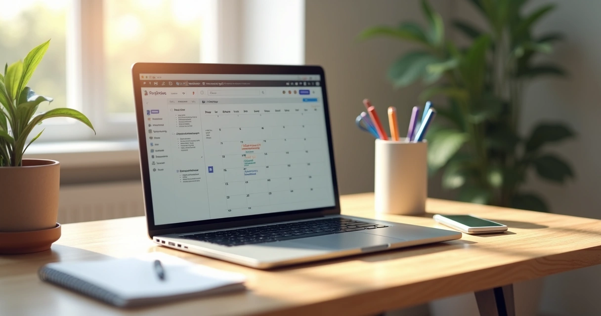 Escritório home office organizado com computador em cima de mesa de madeira clara