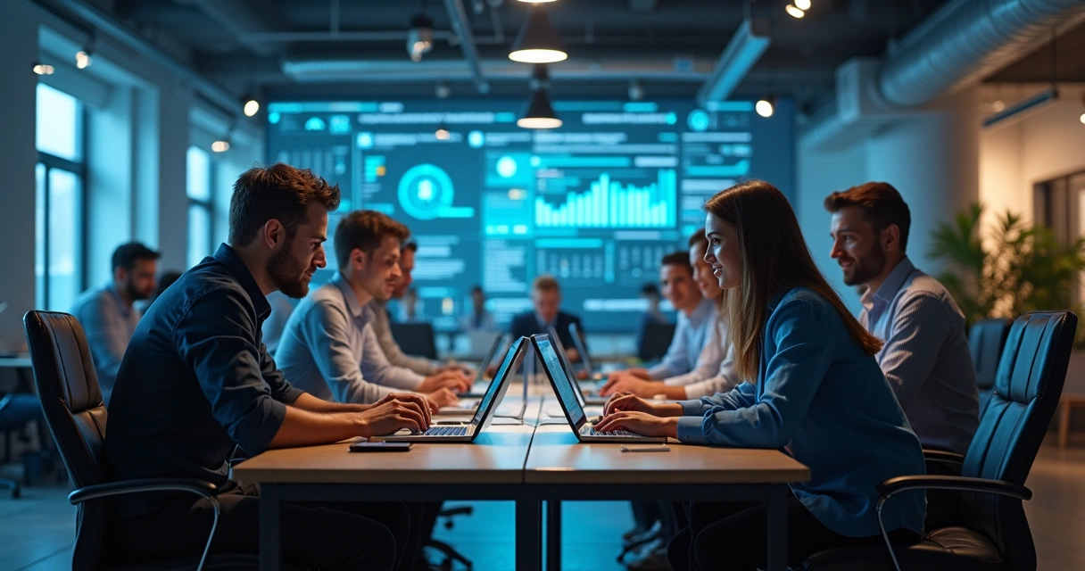 Ambiente de escritório moderno com integração de inteligência artificial, equipe reunida discutindo dados em telas digitais