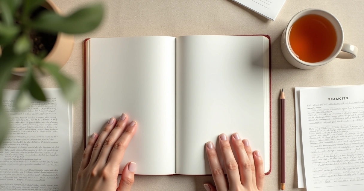 Escritorio ordenado con cuaderno, taza y luz natural sobre papeles