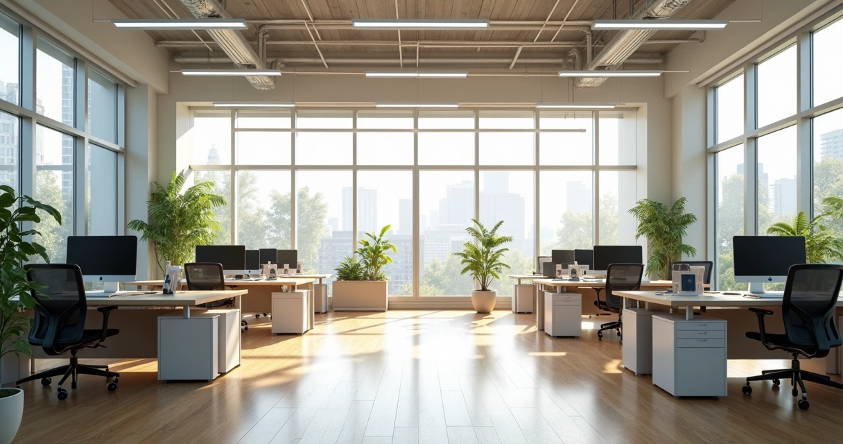 Ambiente de escritório com iluminação natural confortável e espaço organizado 