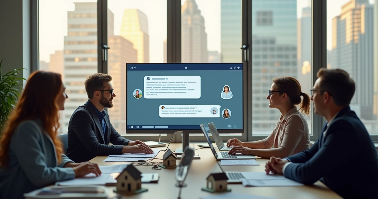 Equipe de imobiliária usando computadores e assistente virtual. 