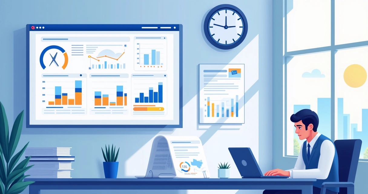 Ilustração de um escritório moderno de imóveis, mostrando um painel CRM com estatísticas de leads.