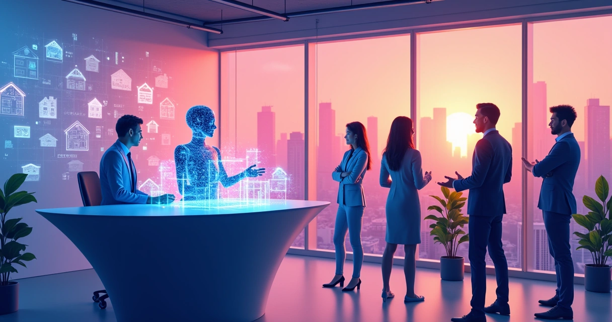 Ilustração de um escritório imobiliário futurista com um agente de IA interagindo com clientes diversos.