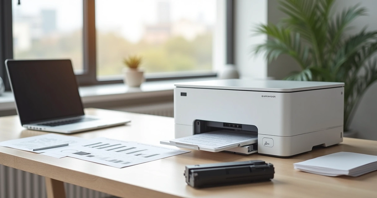 Impressora laser em mesa de escritório moderna ao lado de notebook e documentos 