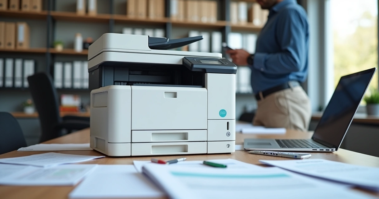 Impressora multifuncional em mesa de escritório com papéis ao redor 