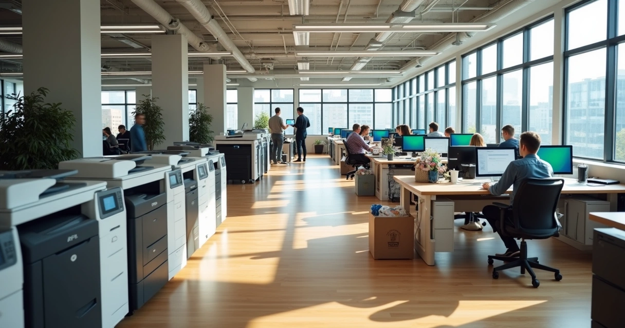 Ambiente de escritório moderno com várias impressoras e multifuncionais