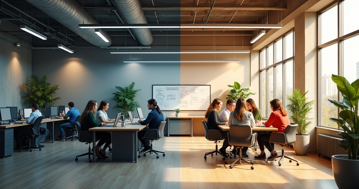 Equipe colaborando em escritório com áreas de trabalho distintas 