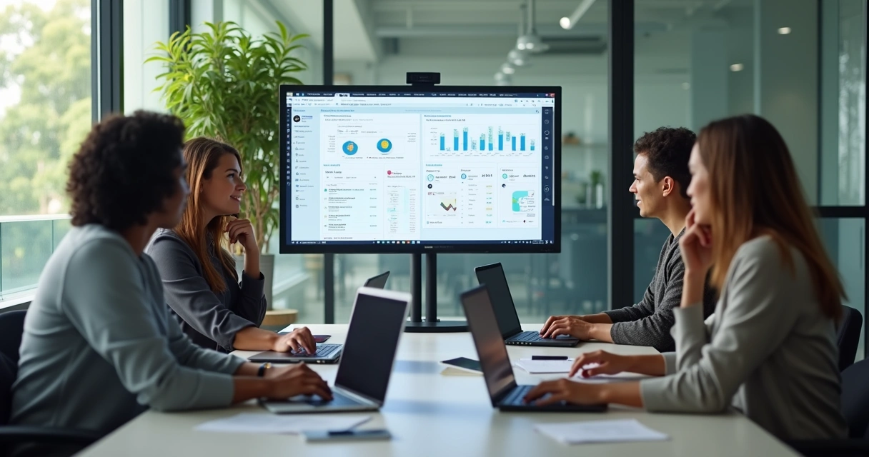 Equipe em escritório usando inteligência artificial em computadores 