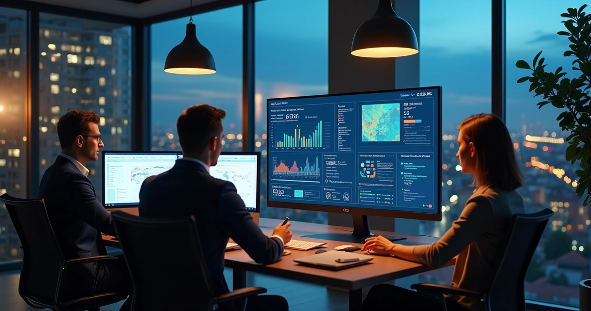 Ambiente de escritório com tela mostrando dashboard de leads 