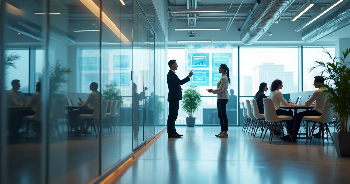 Ambiente corporativo moderno com pessoas e painéis digitais por IA