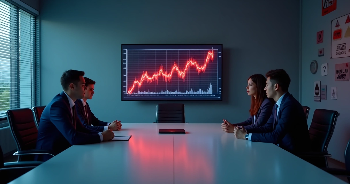 Sala de reunião com equipe discutindo gráfico suspeito na tela 