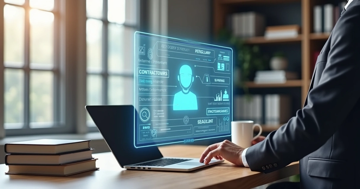 Agente de inteligência artificial em um escritório jurídico moderno com tela digital exibindo contratos e alertas de prazos 