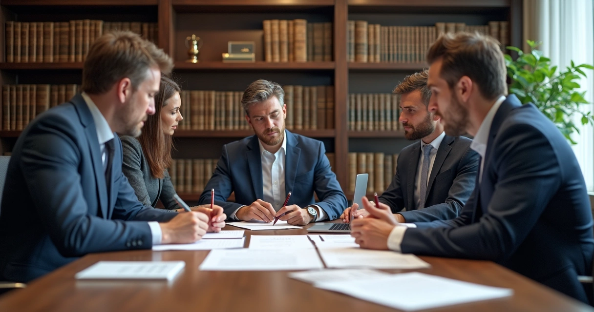 Profissionais revisando contratos em equipe em mesa de escritório 