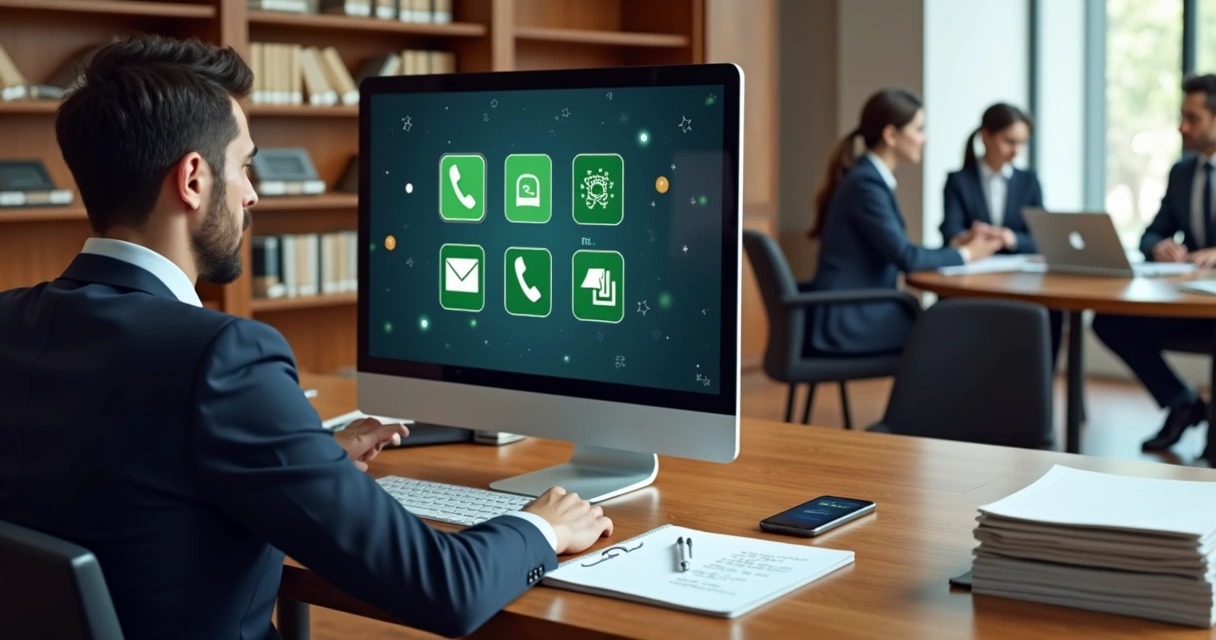 Advogado analisando múltiplos canais de atendimento jurídico na mesa 