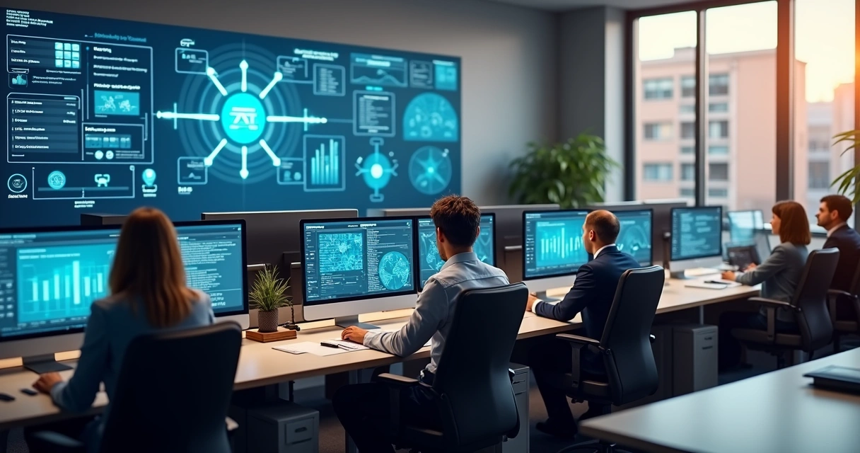 Ambiente moderno de escritório jurídico digital com computadores, telas mostrando dados e advogados usando tecnologia 