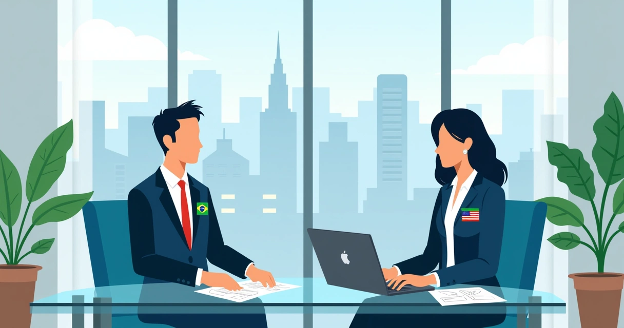 Two lawyers discussing documents in a modern office, one symbolizing Brazil, the other the USA 