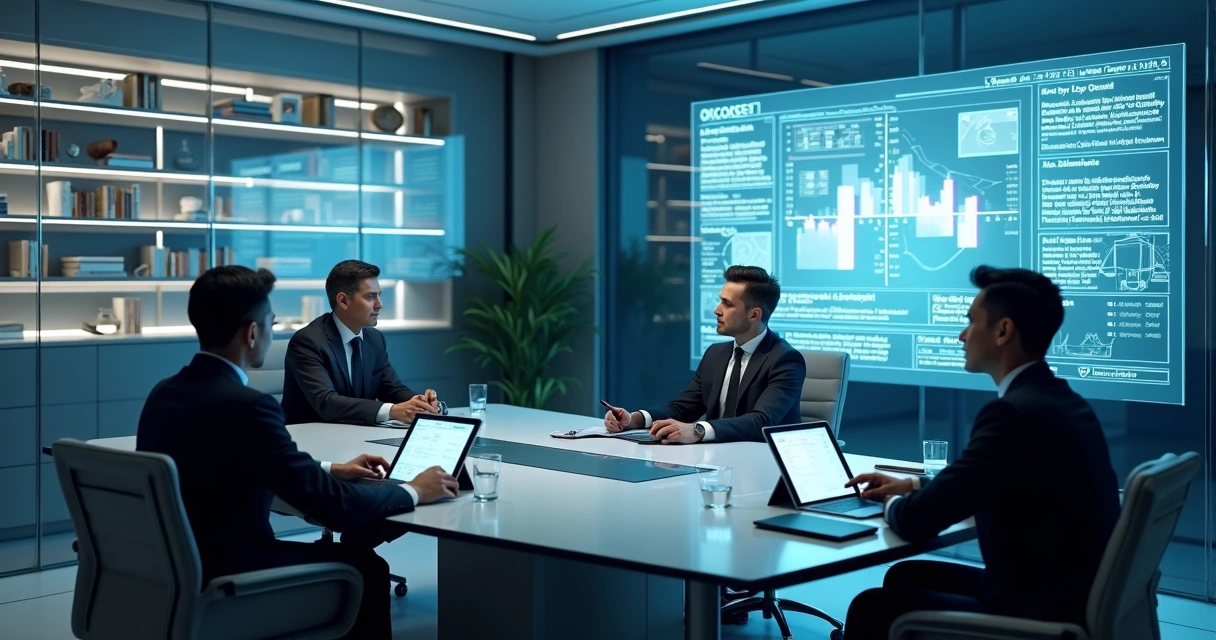 Sala de escritório jurídico high-tech com advogados usando soluções IA