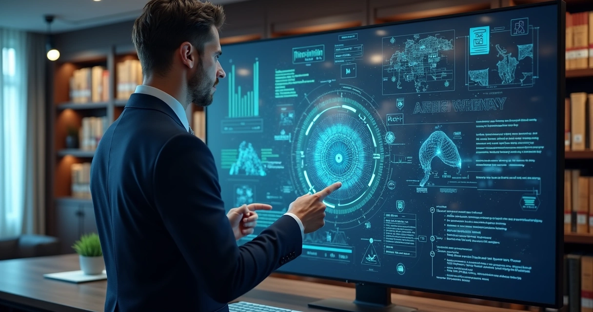 Advogado interagindo com painel digital de inteligência artificial 