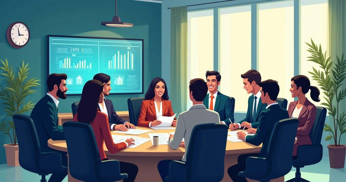 Ilustração de um escritório jurídico moderno com advogados e clientes interagindo em mesa de reunião.